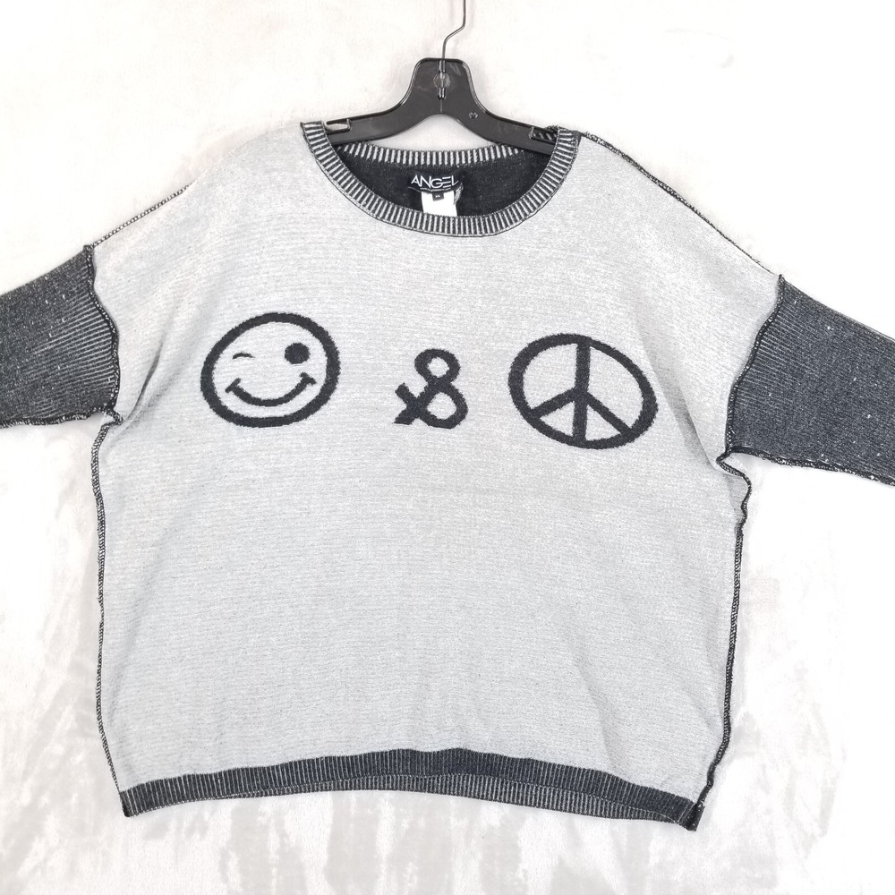 Angel Sweater Women XL Black Gray Cotton Blend Boxy Oversized Peace Happy‎ Face